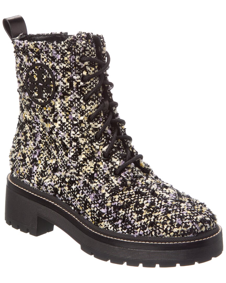 Tory Burch Miller Lug Sole Tweed & Leather Bootie In Black