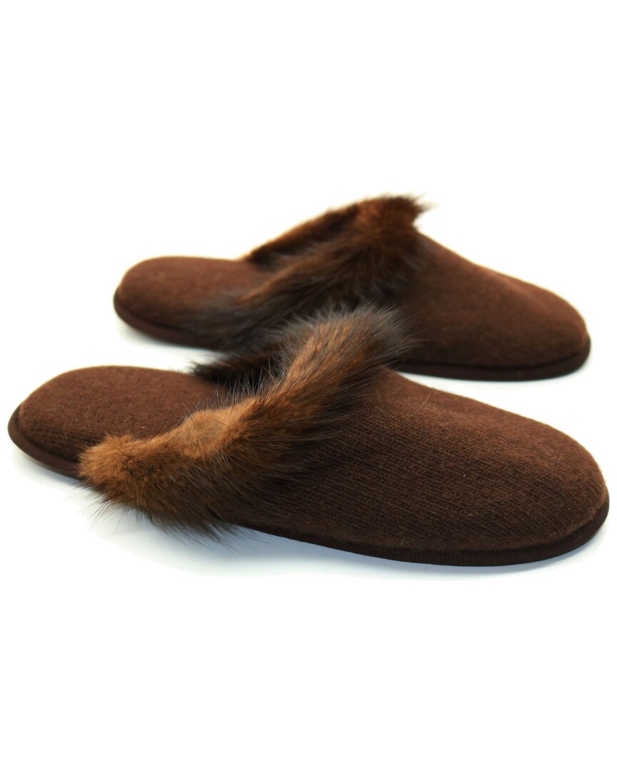 Portolano Ladies Slippers With Mink Fur Tails On Top In Brown