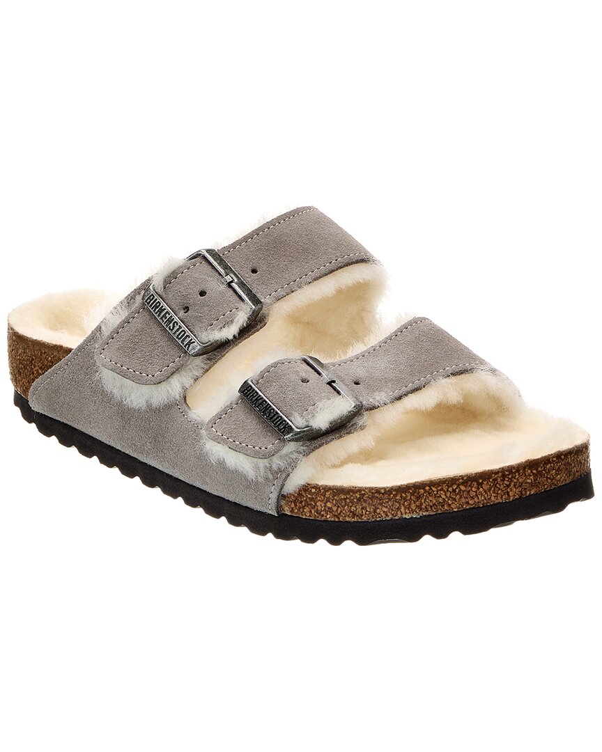 Birkenstock Arizona Suede Shearling Dual-buckle Slide Sandals In Grey