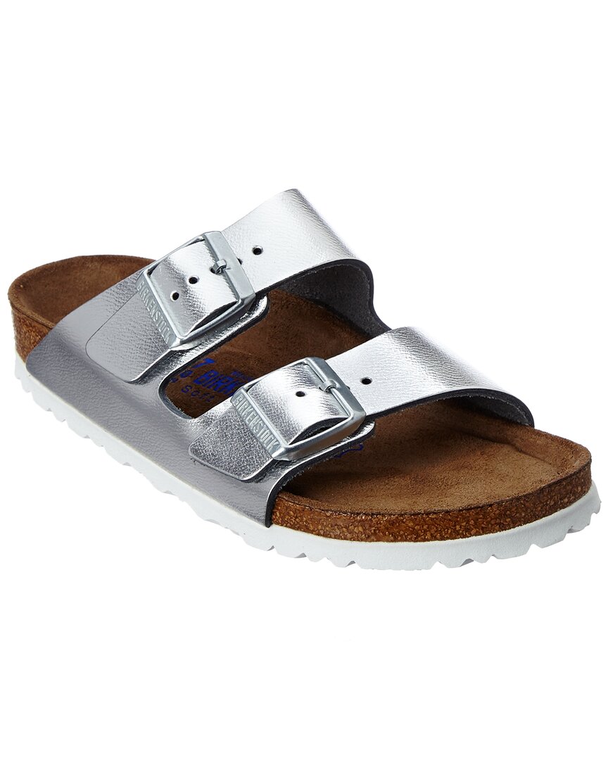 Birkenstock Arizona Soft Footbed Natural Leather Slide In Metallic Silver
