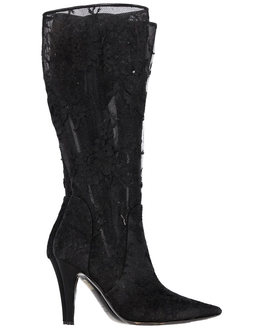 Valentino Garavani Valentino Women's Polyester Floral Lace Detail High Heel Mid-calf Boot  (authentic Pre-loved) In Black