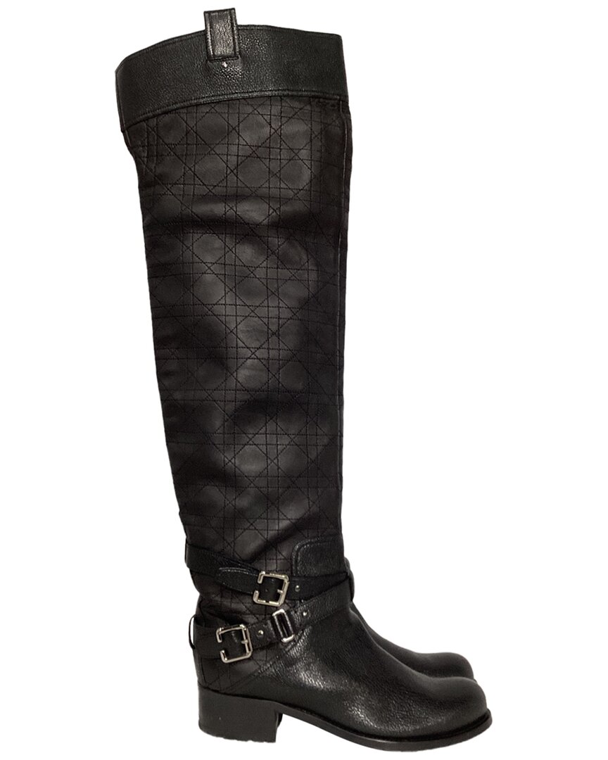 Dior Cannage Quilted Tall Biker Boots In Black Lea