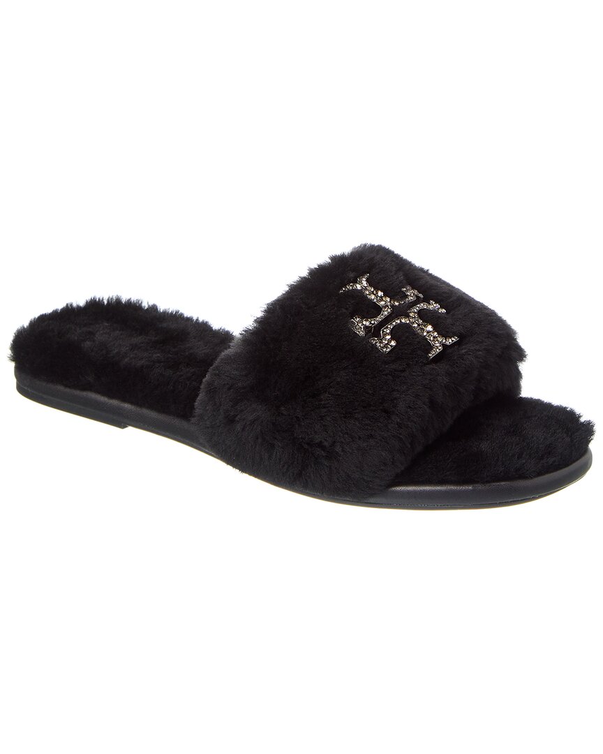 Tory Burch Everly Jeweled Shearling Slide In Black