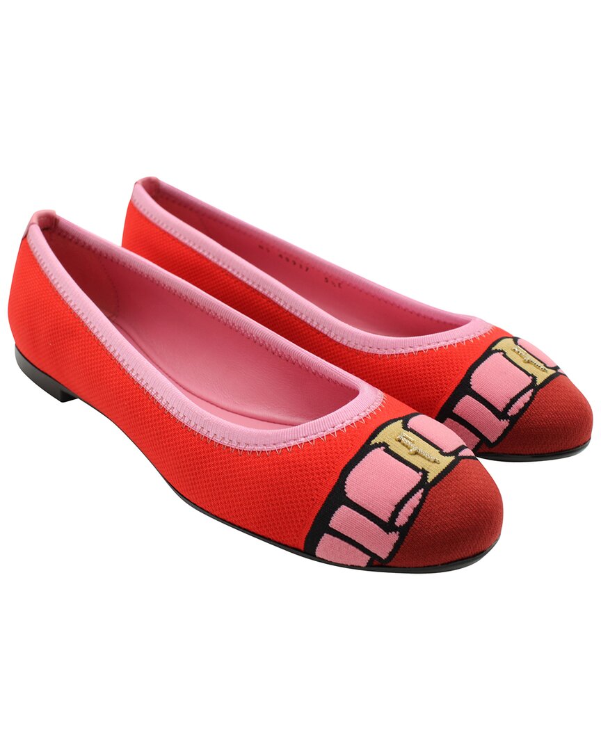 Ferragamo Women's Nylon Varina Bow-accent Embroidery Knit Ballet Flat (authentic Pre-loved) In Red