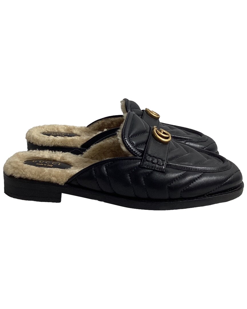 Gucci Double G Shearling Lined Mules In Black Leat