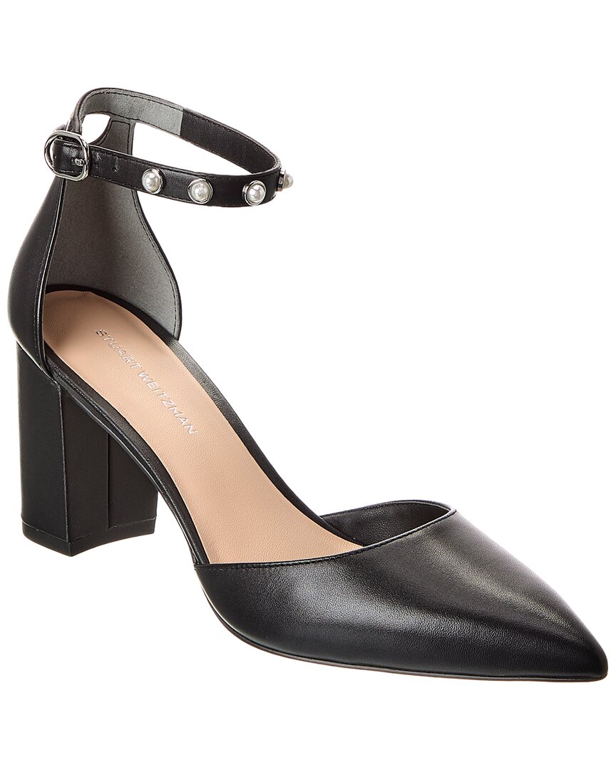 Stuart Weitzman Pearl Strap Block 75 Leather Pump In Black