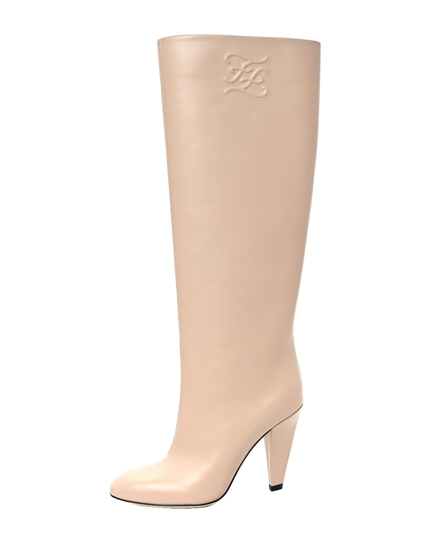 Fendi Leather Karligraphy Embossed Knee-high Boot In Neutral