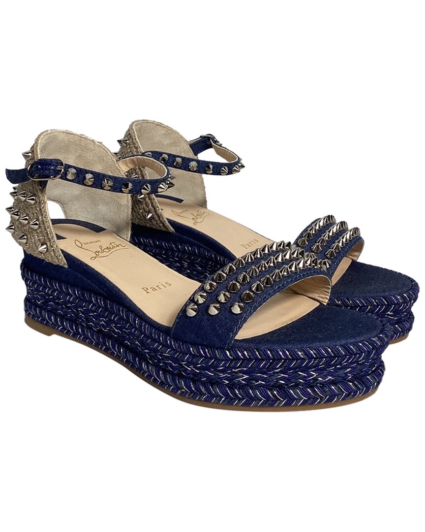 Christian Louboutin Women's Cotton Denim Madmonica Spike Wedge Ankle-strap  Sandal (authentic Pre-lo In Blue
