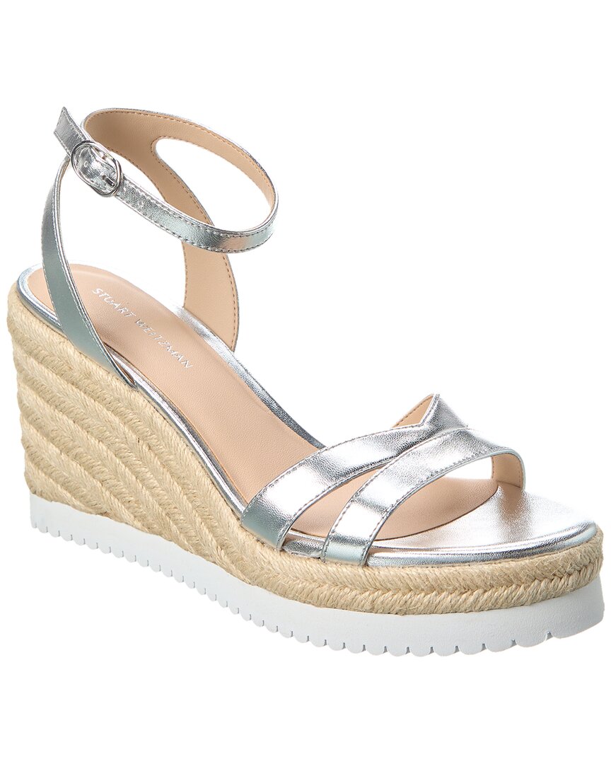 Stuart Weitzman Catlina Leather Espadrille Wedge Sandal In Silver