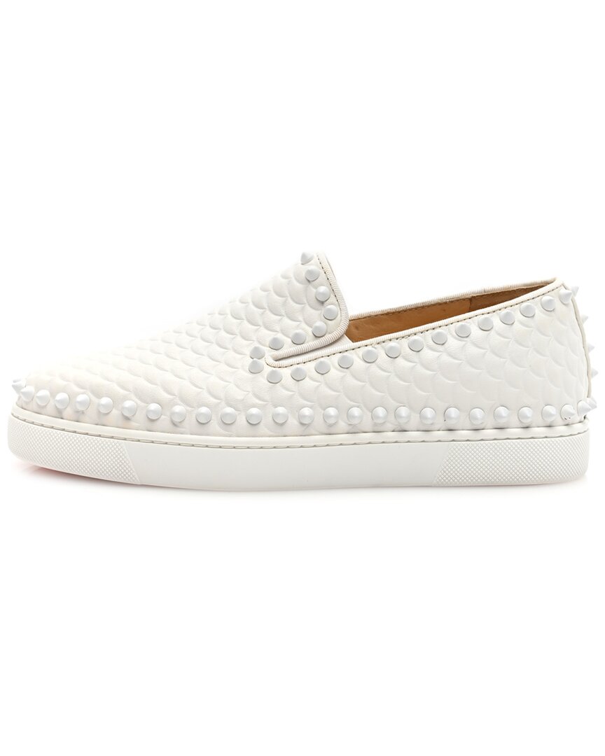 Christian Louboutin Nappa Leather Scallop Embossed Spikes Roller Boat Flat (authentic Pre-loved) In White