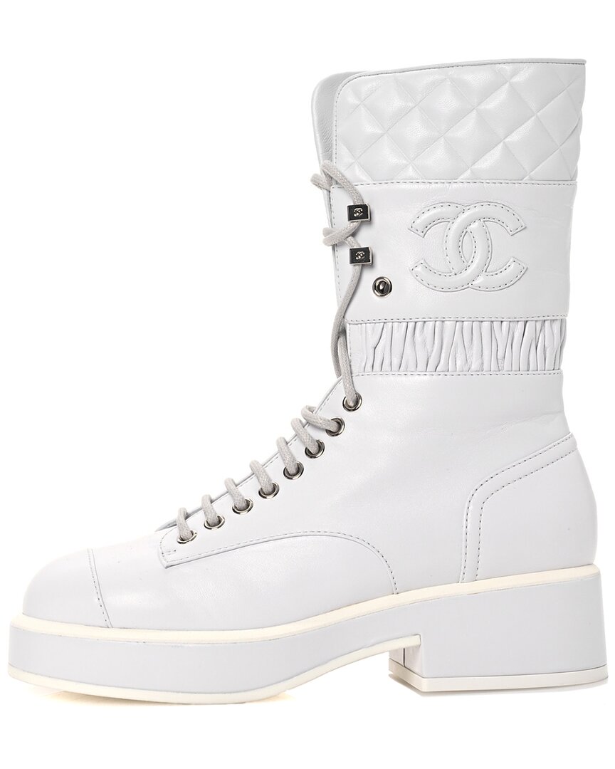 Pre-owned Chanel Lambskin Leather Quilted Lace-up Combat Boot (authentic Pre-loved)