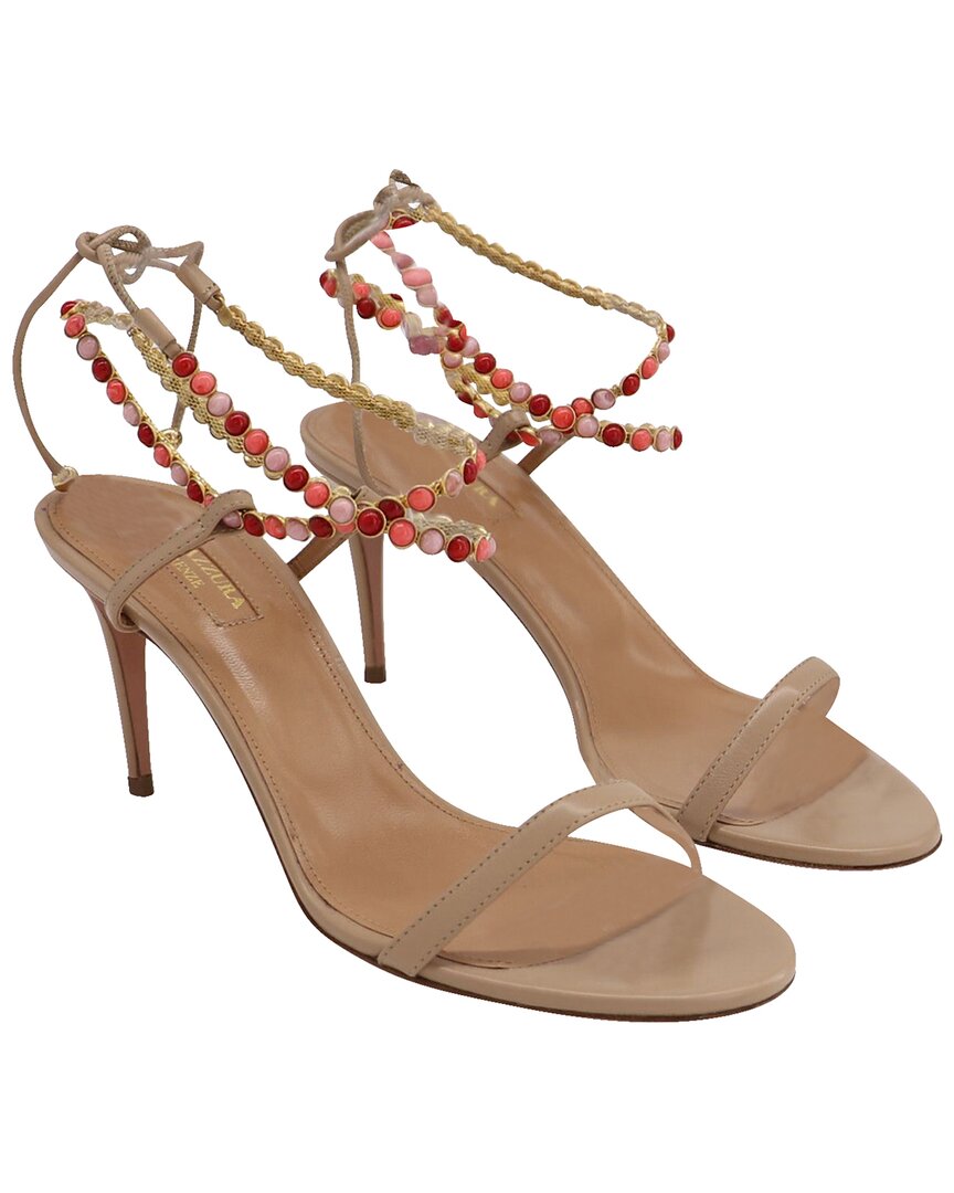 Aquazzura Women's Leather Livia 75 Beaded Sandal (authentic Pre-loved) In Brown