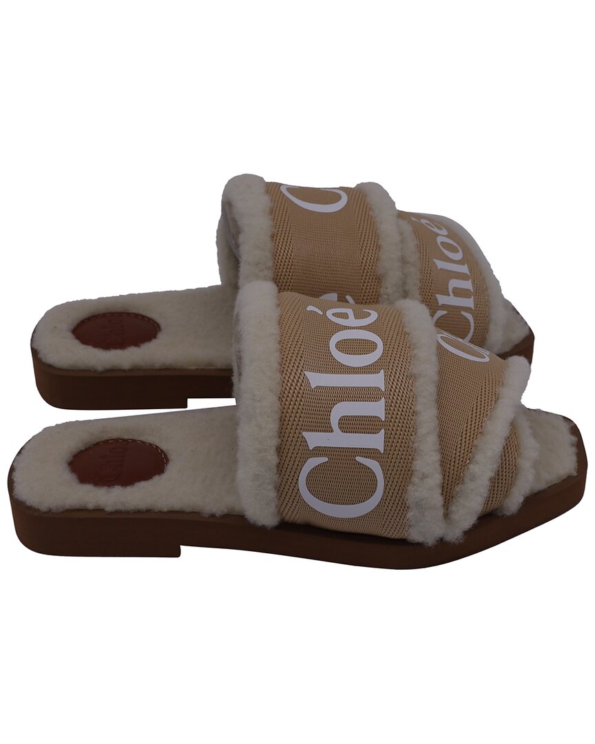 Chloé Women's Canvas Woody Shearling Flat Slide (authentic Pre-loved) In Brown