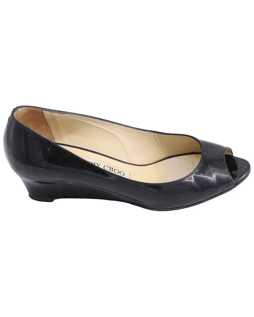 Jimmy Choo Women's Patent Leather Baxen Peep-toe Wedge (authentic Pre-loved) In Black
