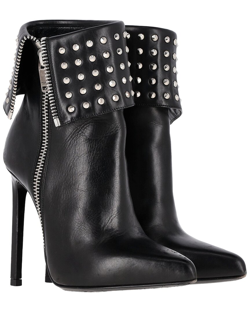 Saint Laurent Women's Leather Paris Fold-over Studded Bootie In Black