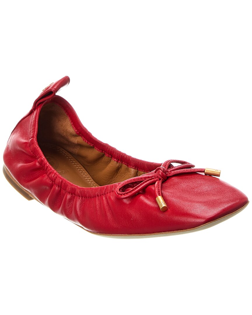 Tory Burch Square Toe Bow Leather Ballet Flat In Red