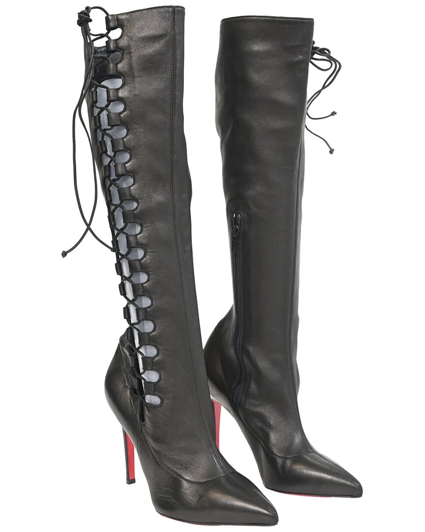 Christian Louboutin Women's Leather Goulue Lace Up Knee Boot (authentic Pre-loved) In Black
