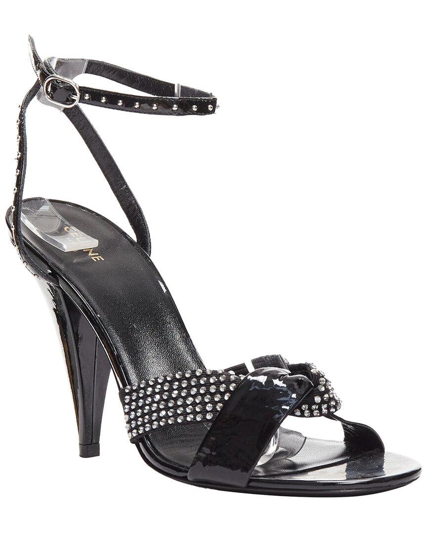 Celine Women's Leather Hedi Slimane Patent Leather Silver Crystals Sandal Heel  (authentic Pre-loved In Black
