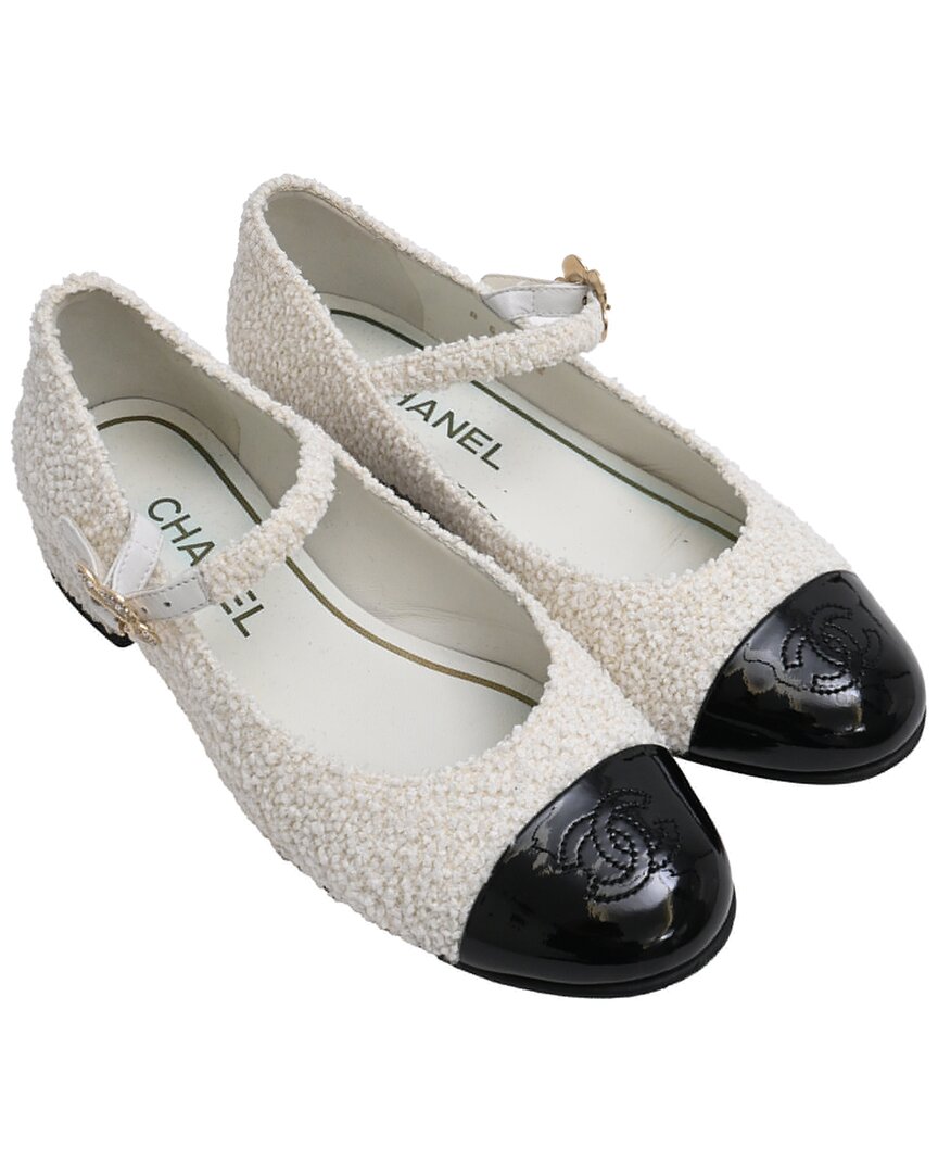 Chanel Women's Cotton Tweed Cc Tweed Mary Jane Ballet Flat (authentic Pre- Loved) In White