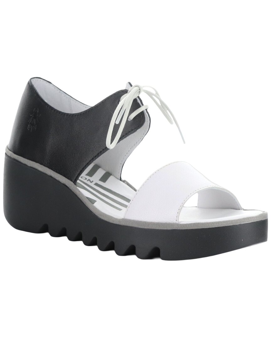 Fly London White/Black Bilu Leather Wedge Sandal