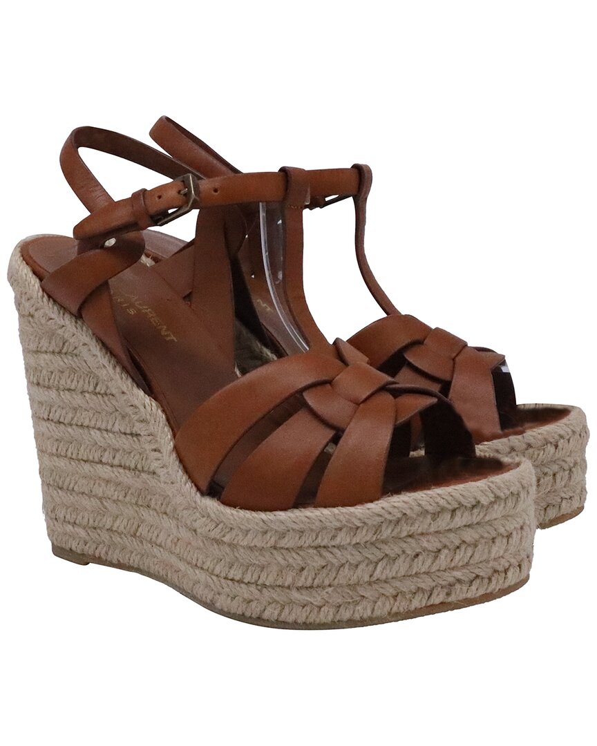 Saint Laurent Women's Leather Tribute Espadrille Wedge Sandal (authentic Pre-  Lov In Brown