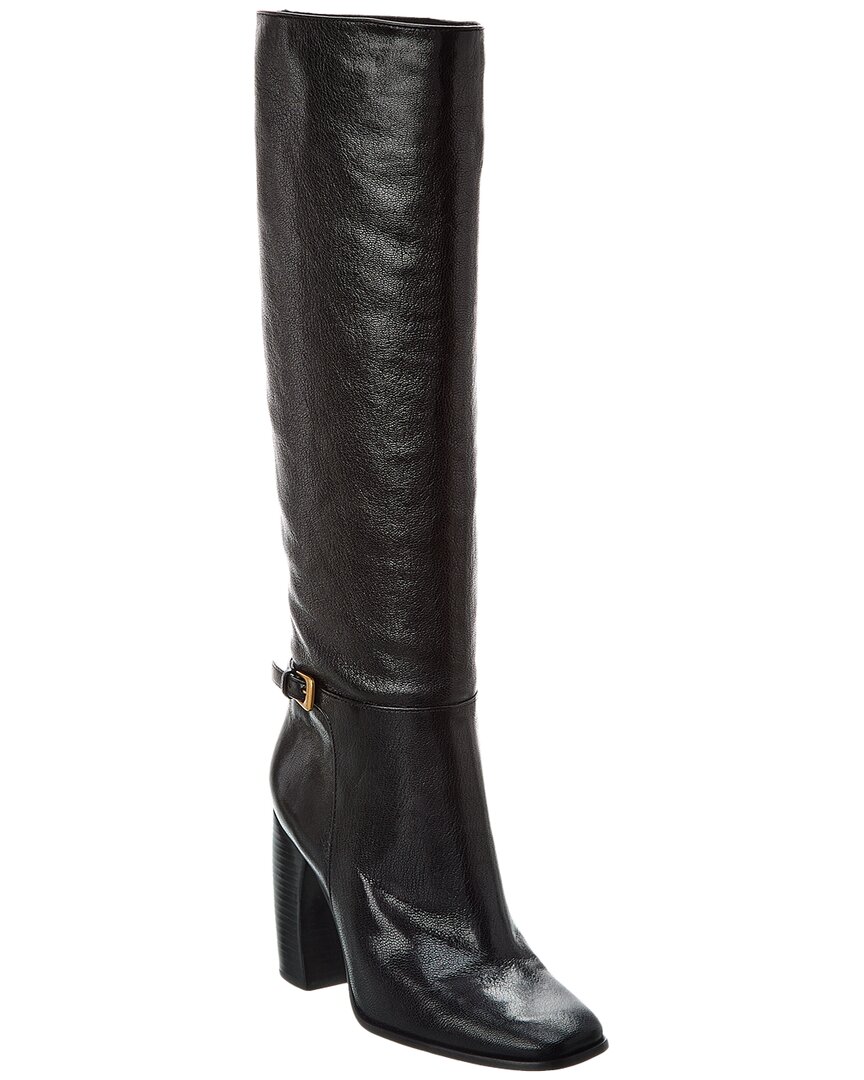 Shop Tory Burch Banana Heel Buckle Leather Knee-high Boot In Black