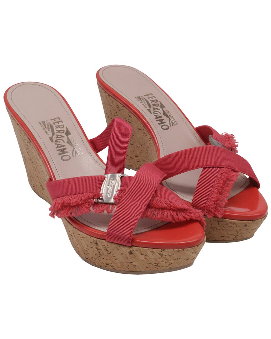 Ferragamo Women's Polyester Criss-cross Ribbon Wedge Sandal (authentic Pre-loved) In Red