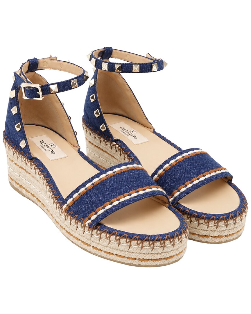 Pre-owned Valentino Garavani Valentino Women's Cotton Denim Rockstud Wedge Sandal (authentic Pre-loved)