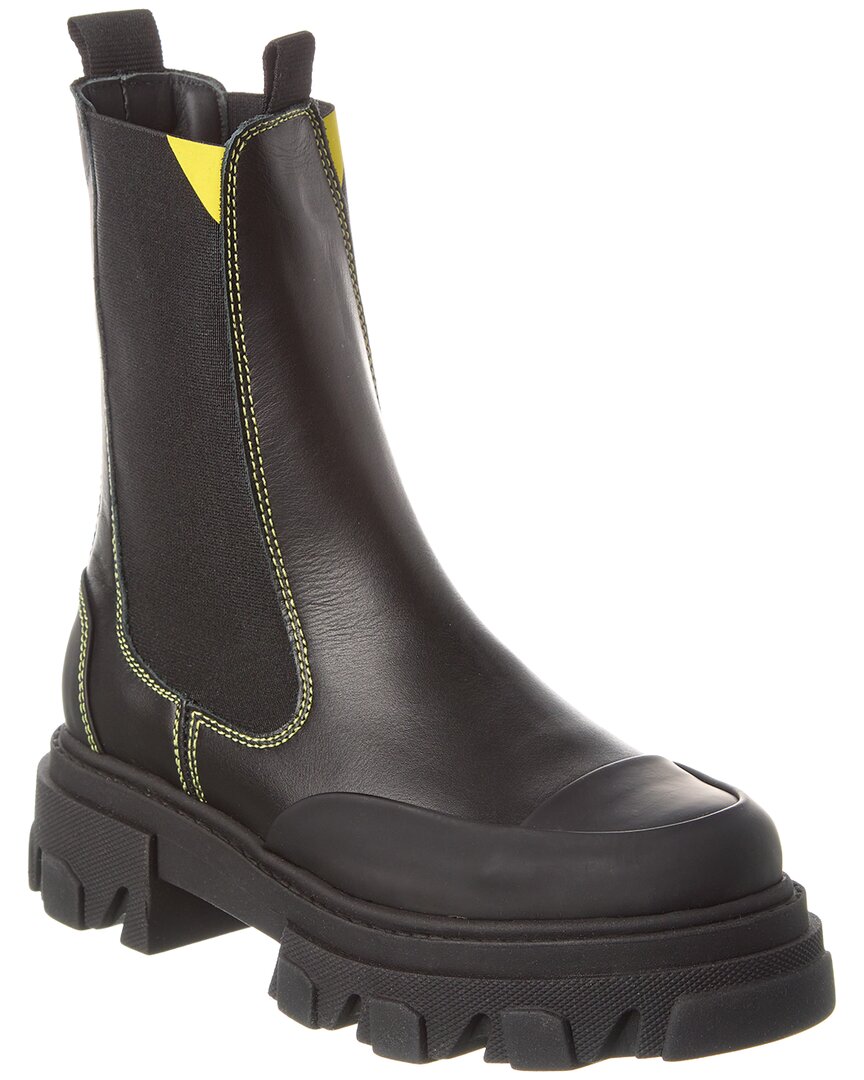 Ganni Topstitched Leather Chelsea Boots In Black