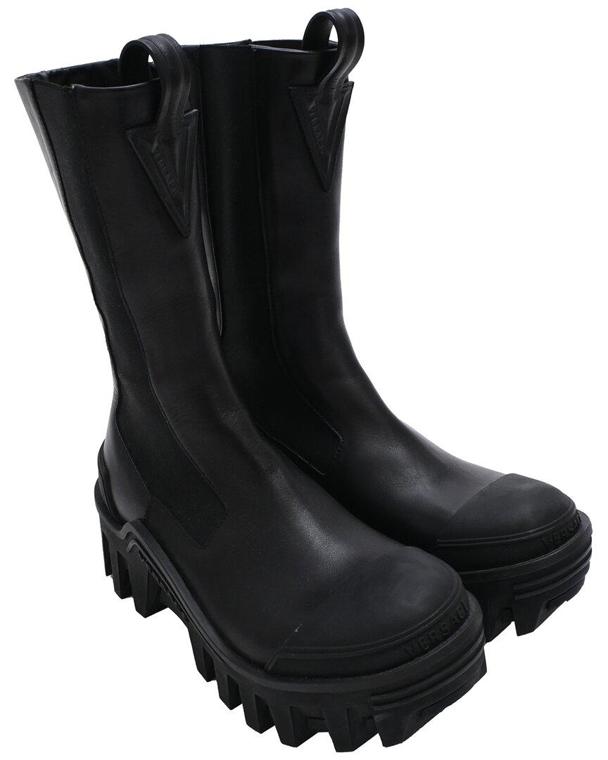 Pre-owned Versace Women's Leather Mid-calf Leather Chunky Chelsea Boot (authentic Pre- Loved)