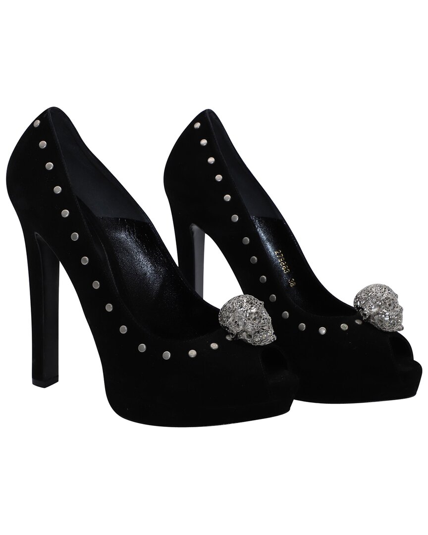 Alexander Mcqueen Women's Suede Skull Embellished Peep Toe Pump (authentic Pre-loved) In Black