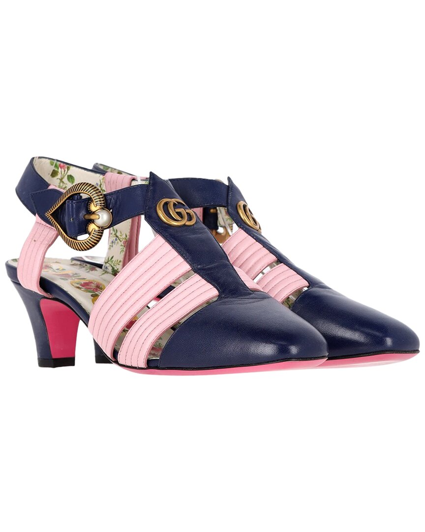Gucci Women's Leather Gg Logo T-strap Mid-heeled Sandal (authentic Pre-loved) In Multi