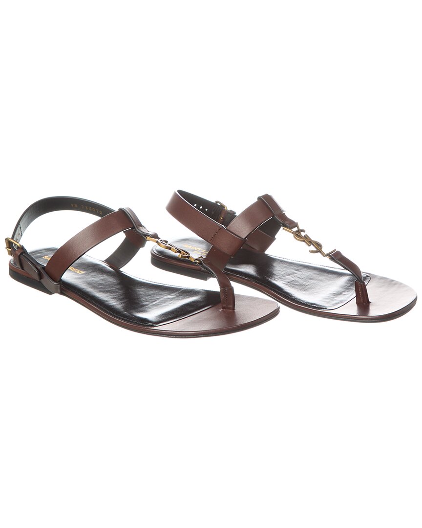 Saint Laurent Cassandre Logo-embellished Leather Sandals In Brown