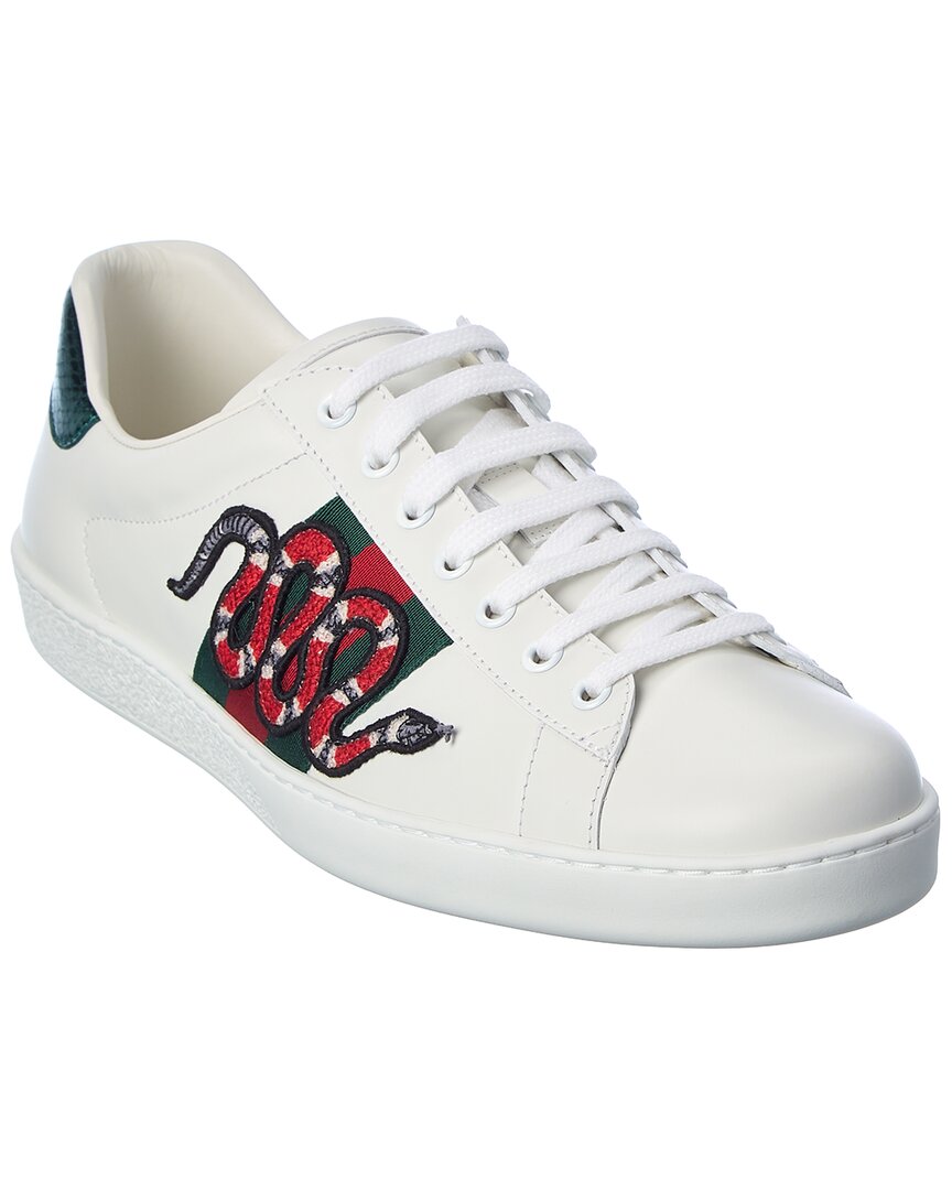 Gucci Ace Embroidered Snake Leather Sneaker In White