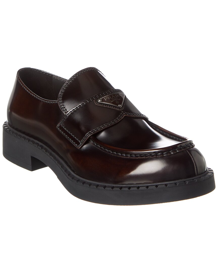 Prada Triangle Logo Chocolate Brushed Leather Loafers In Brown