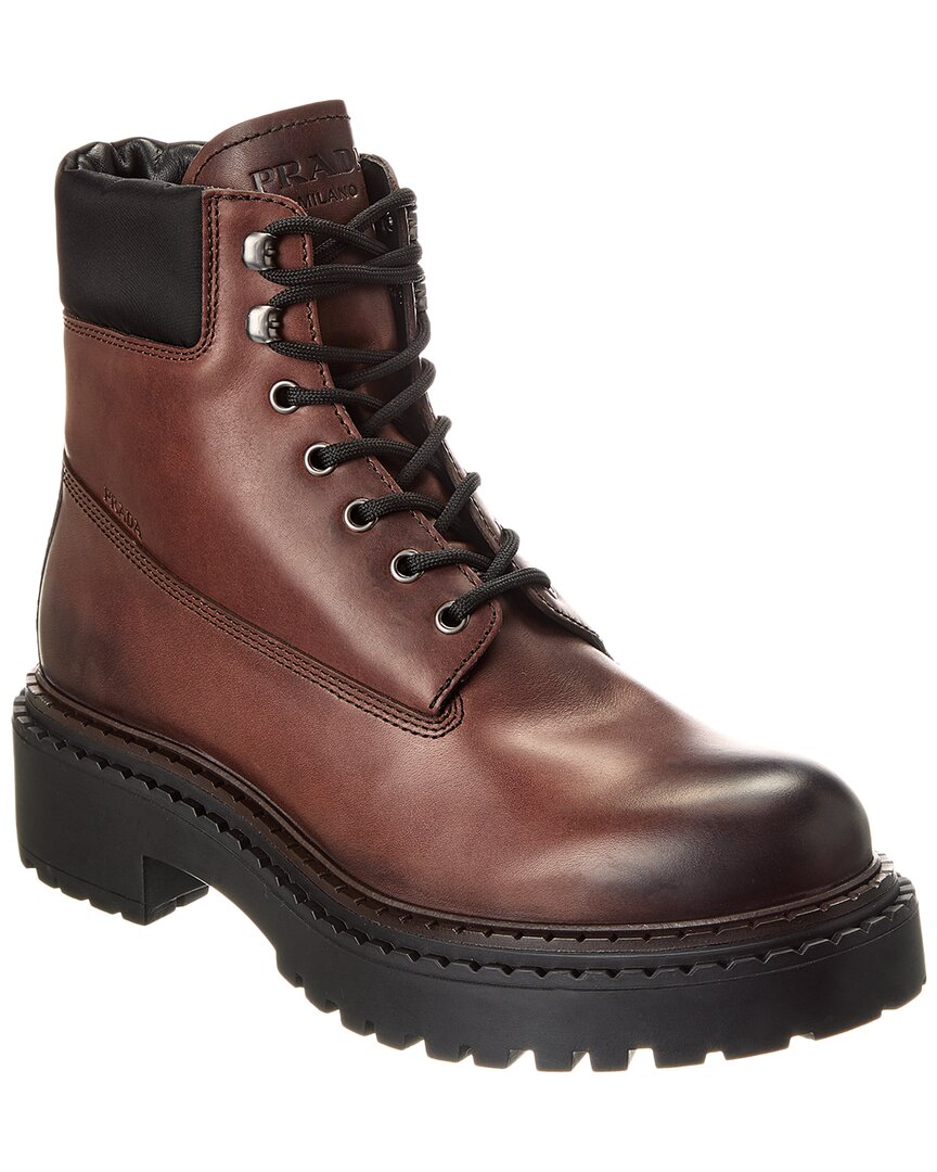 Prada Brown Calf Leather Boots With Modern Accents In Brown
