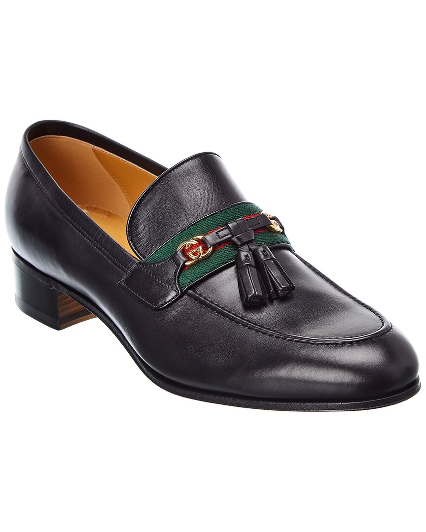Shop Gucci Interlocking G Tassel Leather Loafer In Black