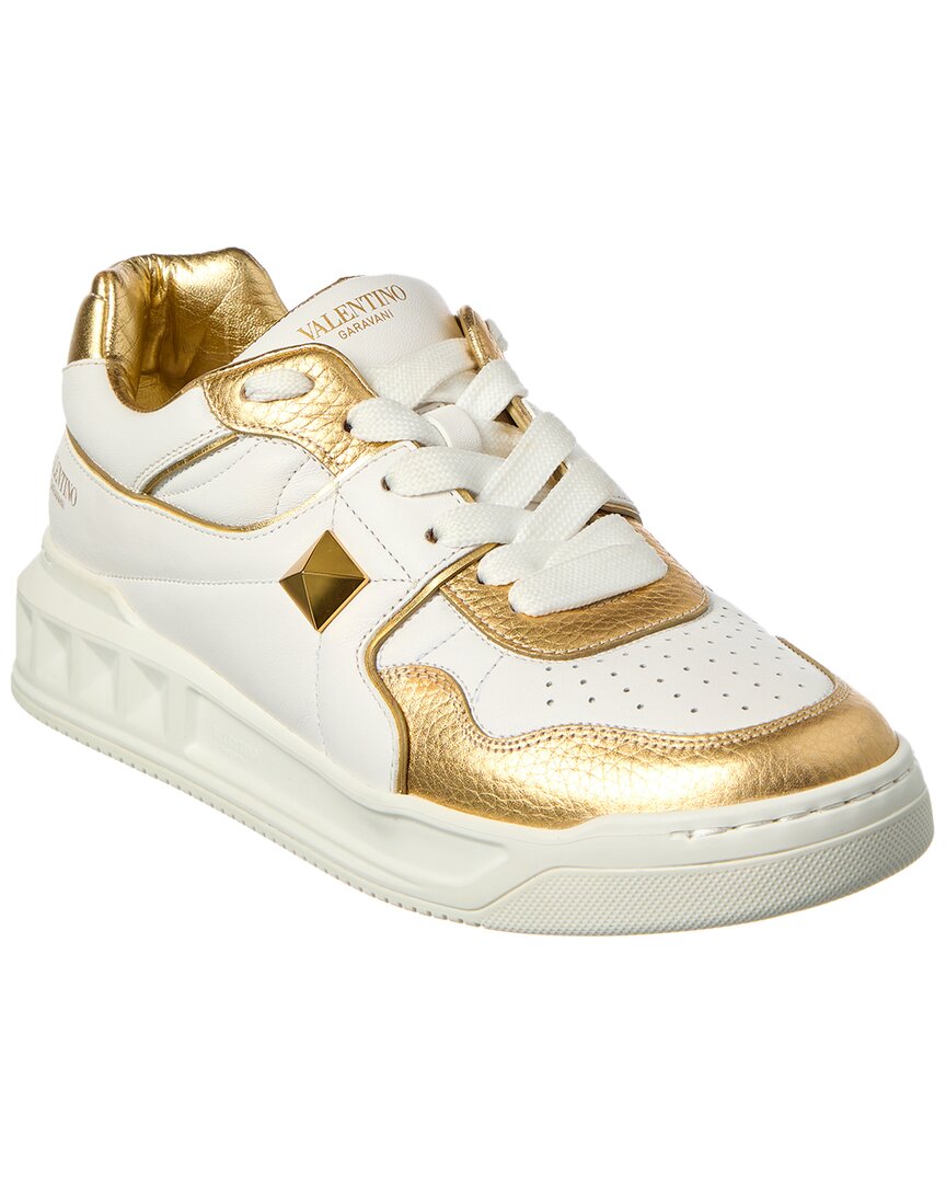 Valentino One Stud Leather Sneakers With Contrasting Inserts In Gold