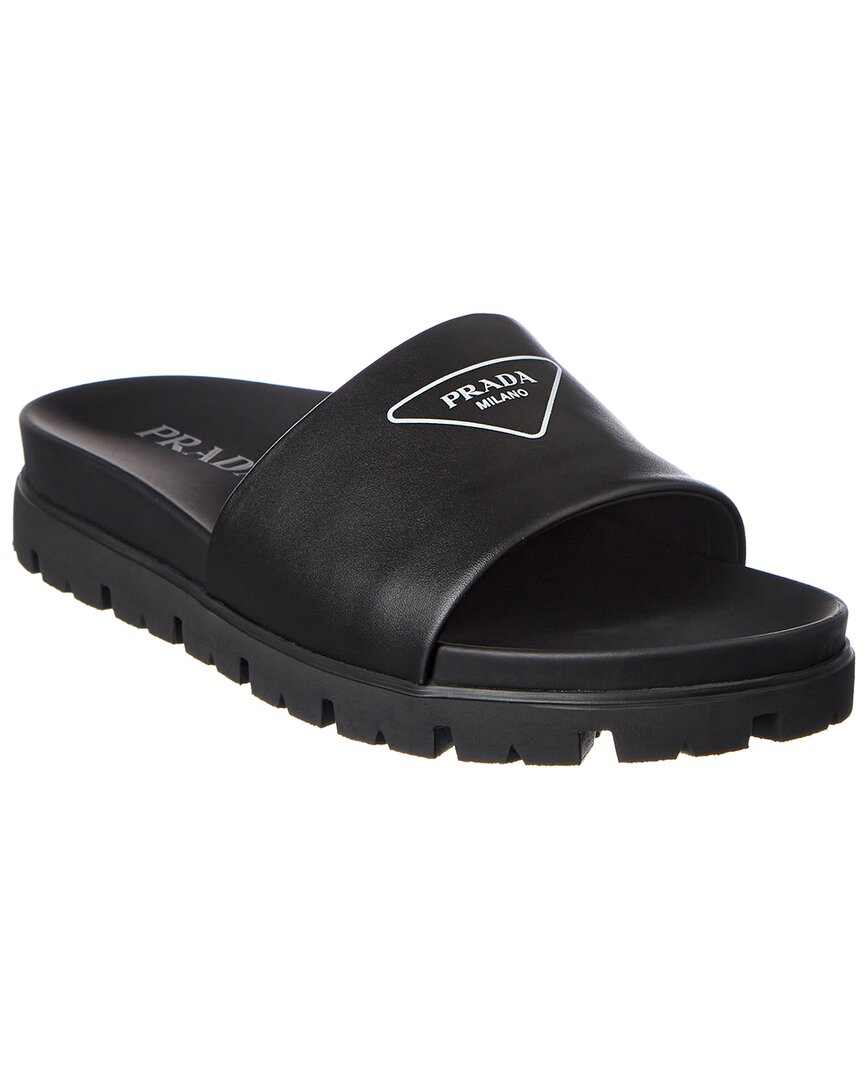 Prada 38 Logo Strap Lug-sole Leather Slides In Black