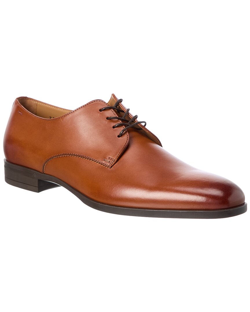Hugo Boss Burnished-leather Derby Shoes With Piped Details In Brown
