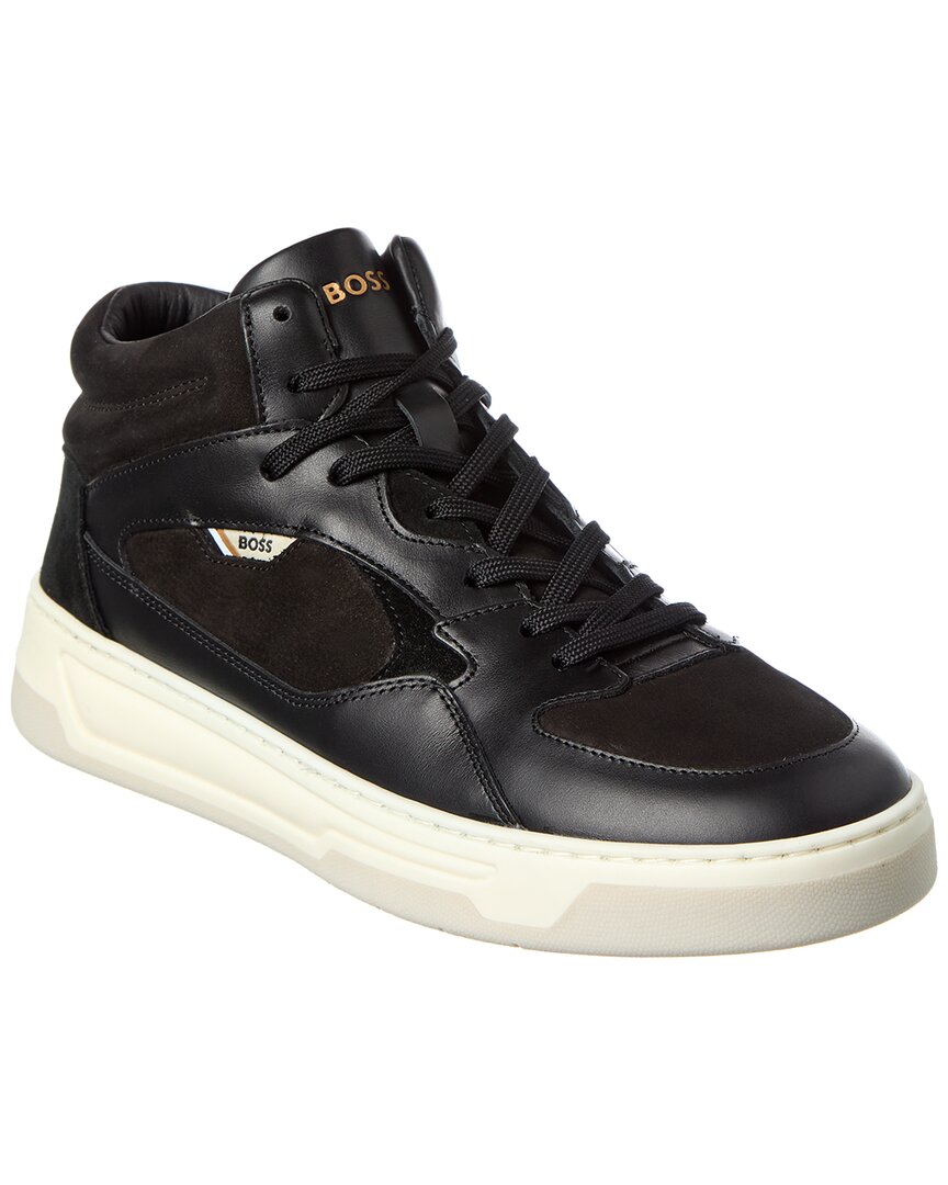 Hugo Boss High-top Trainers In Mixed Leathers In Black