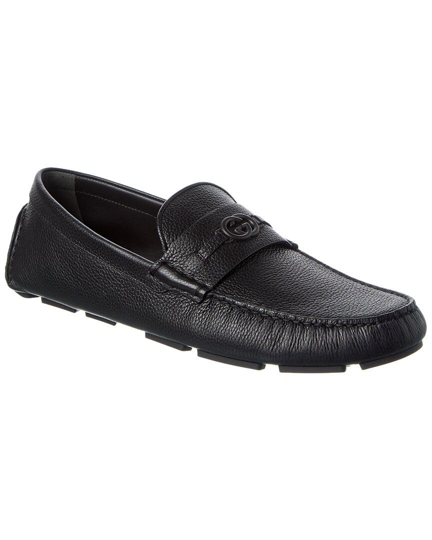 Gucci Pebbled Leather Driver Moccasins With Visible Stitching In Black