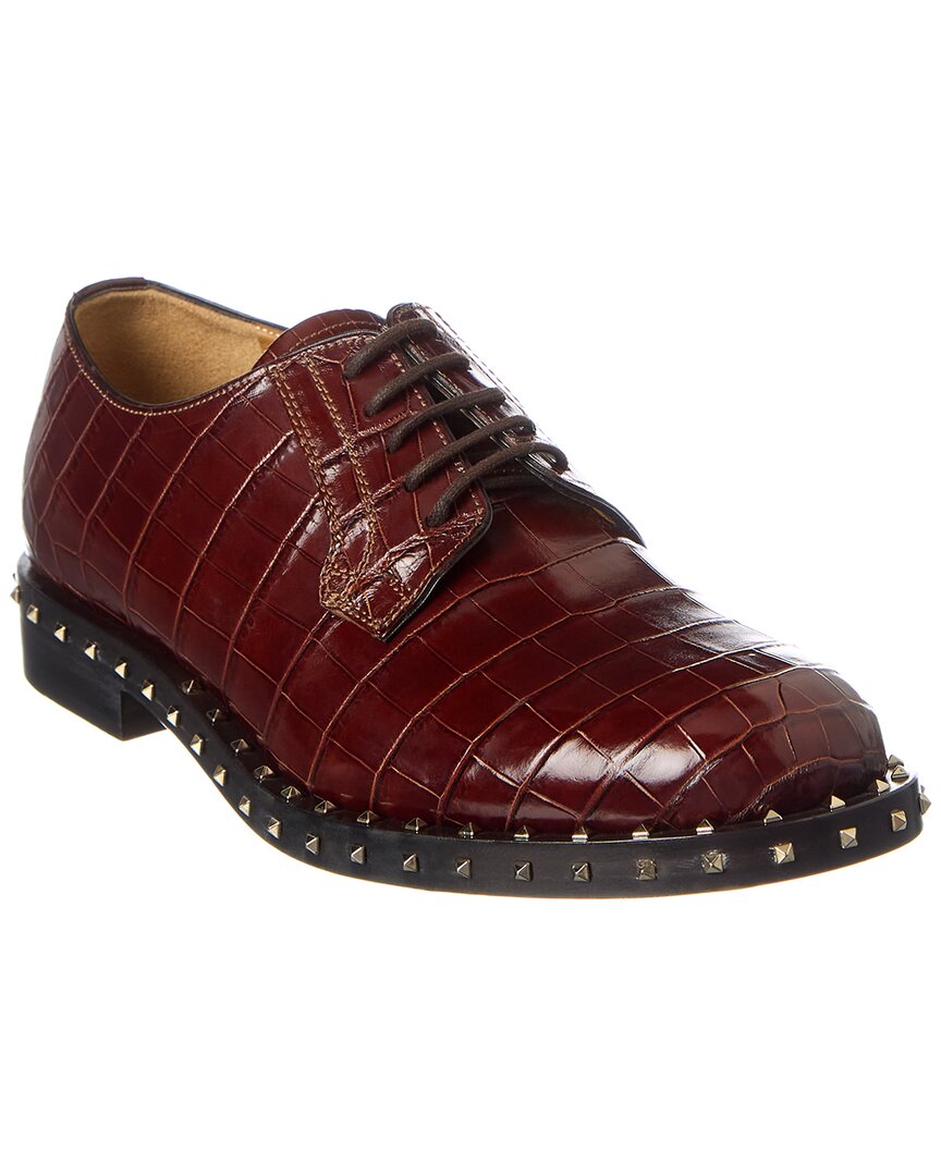 Shop Valentino Rockstud Croc-embossed Leather Oxford In Red