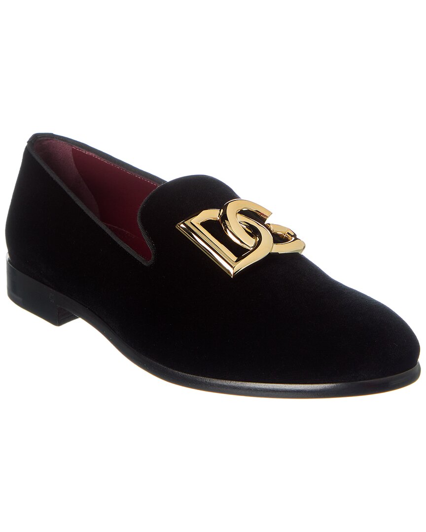 Dolce & Gabbana Black Velvet Cotton Logo Loafers Dress Shoes In Black
