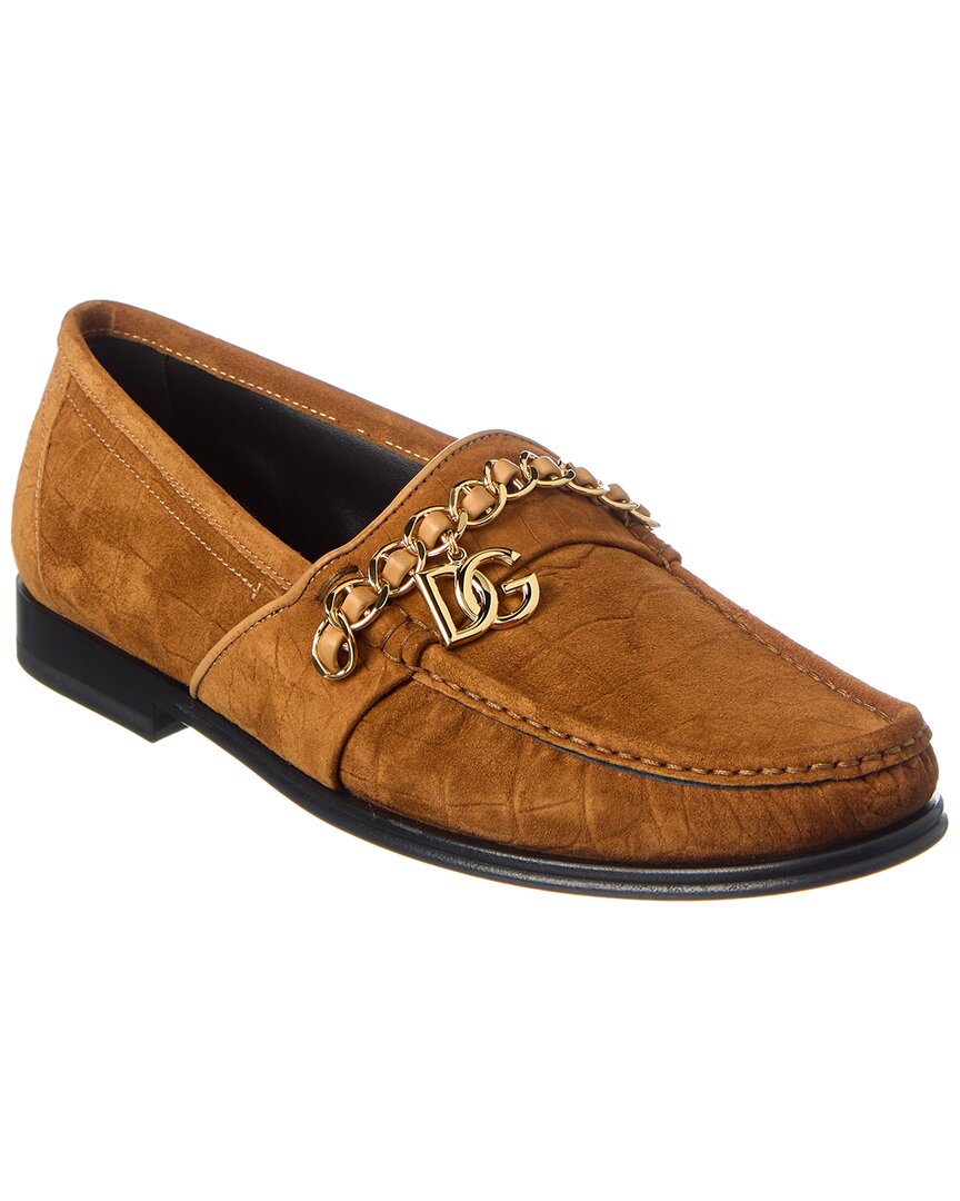 Dolce & Gabbana Brown Velvet Leather Logo Mocassin Slip On Shoes In Brown