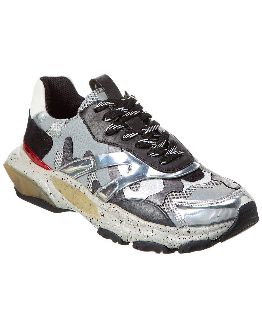 Shop Valentino Mesh & Leather Sneaker In Silver