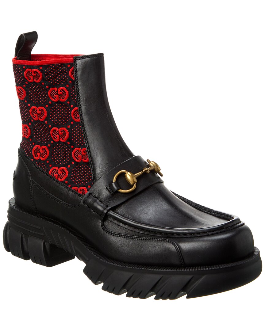 Shop Gucci Gg Knit & Leather Boot In Black