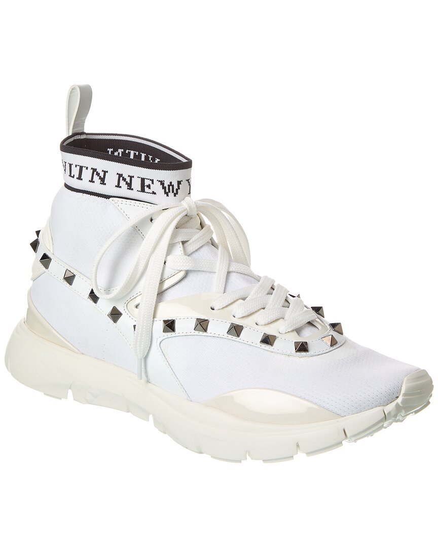 Shop Valentino Knit & Leather Sneaker In White