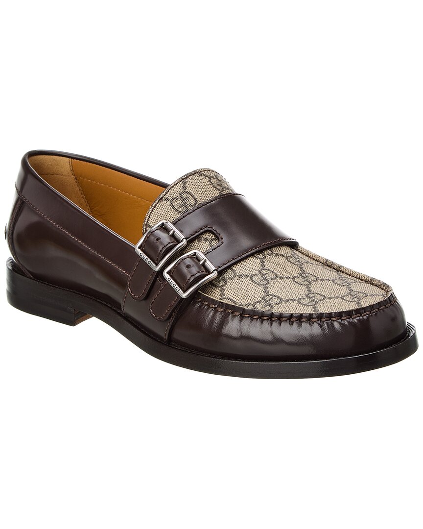 Shop Gucci Gg Buckle Gg Supreme Canvas & Leather Loafer In Brown