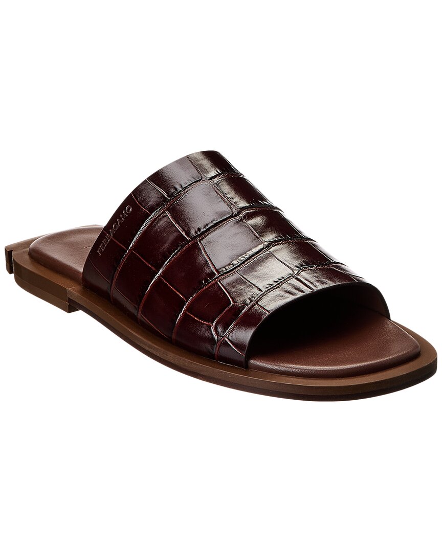 Ferragamo Damien Croc-embossed Leather Sandal In Brown